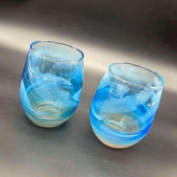 Stemless Wine Glasses Abstract Beach Blue Sandy Brown Nautical Cups Tumblers - Picture 1 of 8